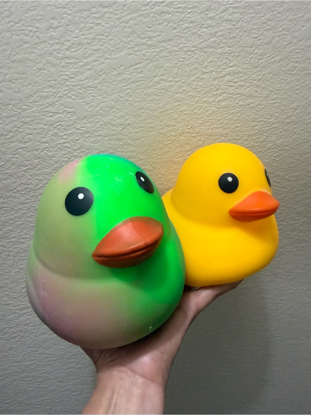 Bundle of 2 Jumbo squishy duck. Over 5 inch. Yellow & Tie Dye Green. NEW.